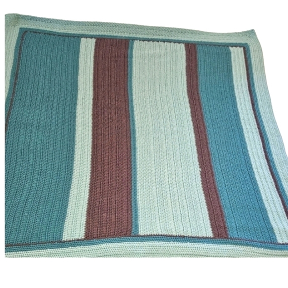 Handmade Upcycled Baby Blanket Blue Brown Striped Hand knit Crochet Nursery Gift - Picture 3 of 16